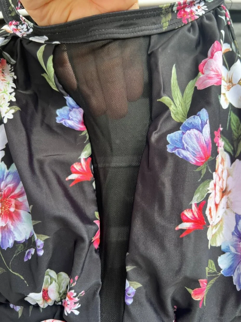 NWT Women’s Black Floral One Piece Swimsuit Mesh Chest Panel See Through Detail